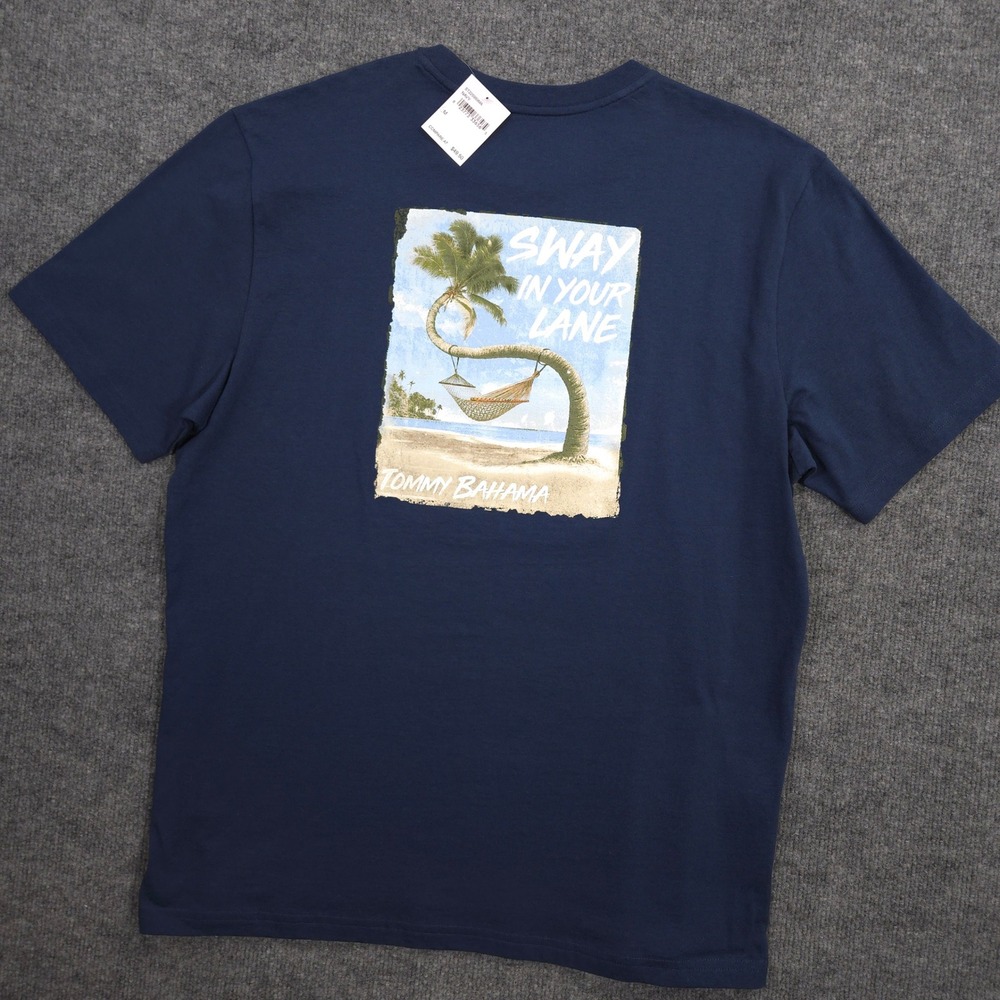 Tommy Bahama T Shirt Mens M Navy Sway Lane Tropical Graphic Short Sleeve NEW
